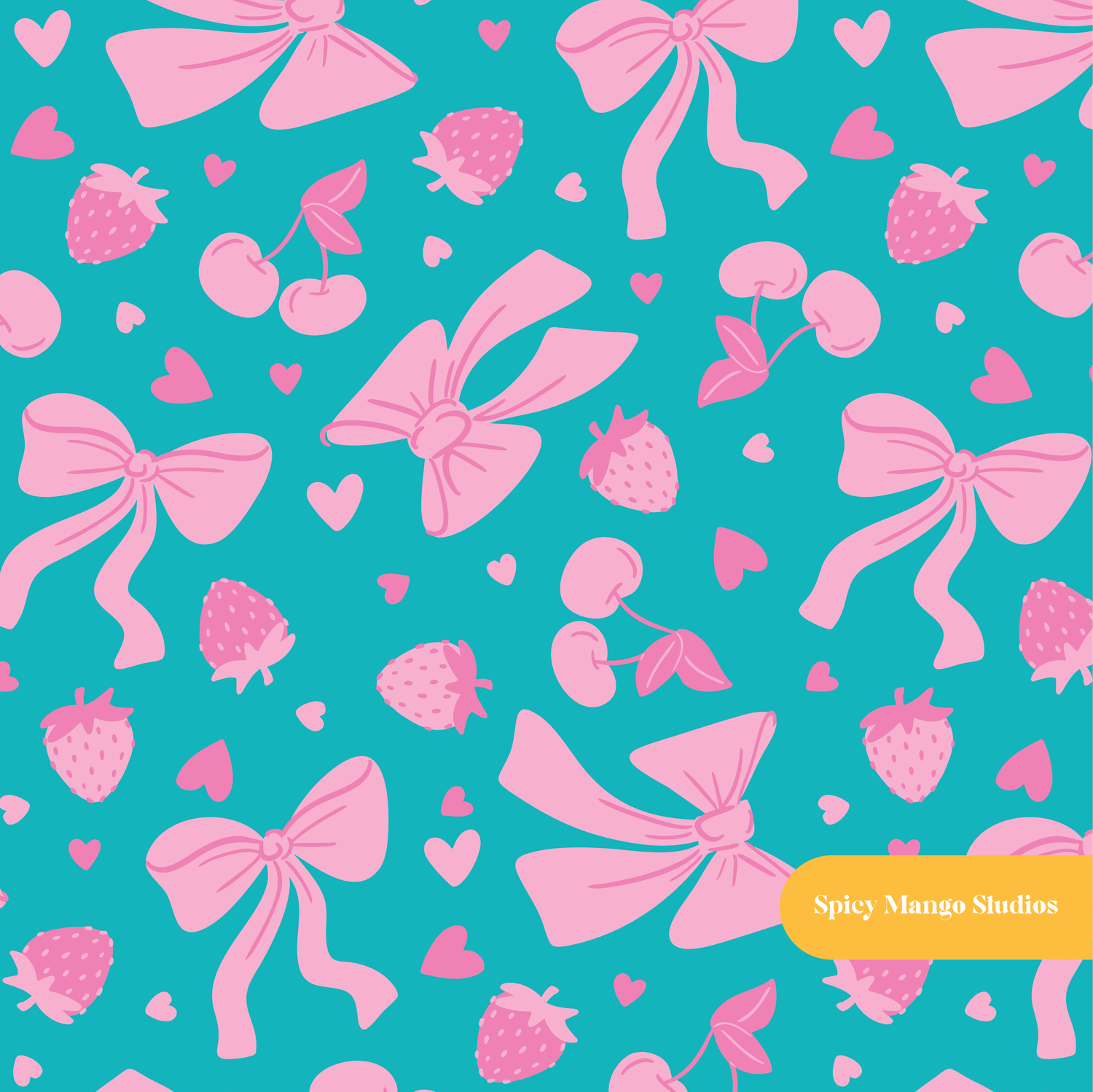 Pink and Teal Fruity Bows Seamless Pattern