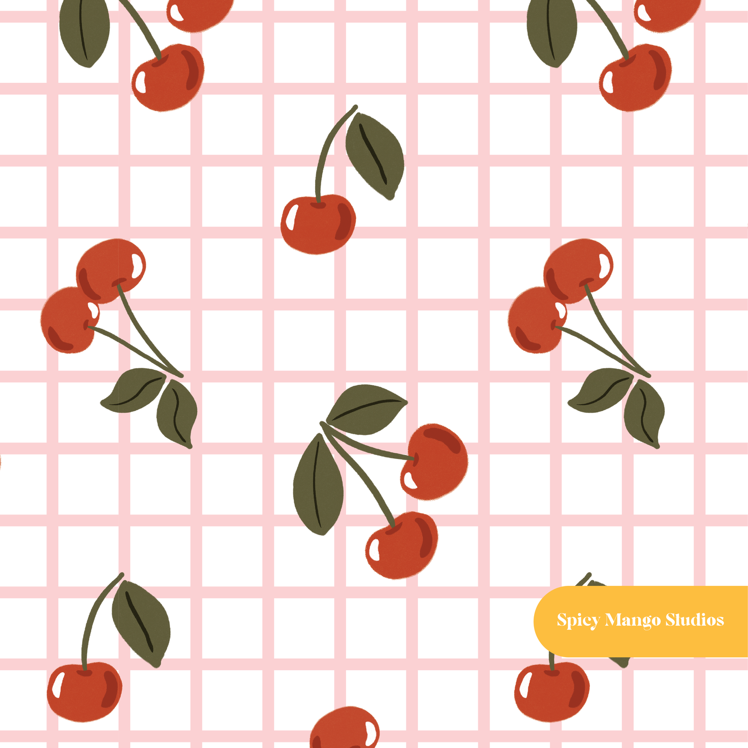 White and Pink Checker Fun Summer Cherries Seamless Pattern – Digital Download