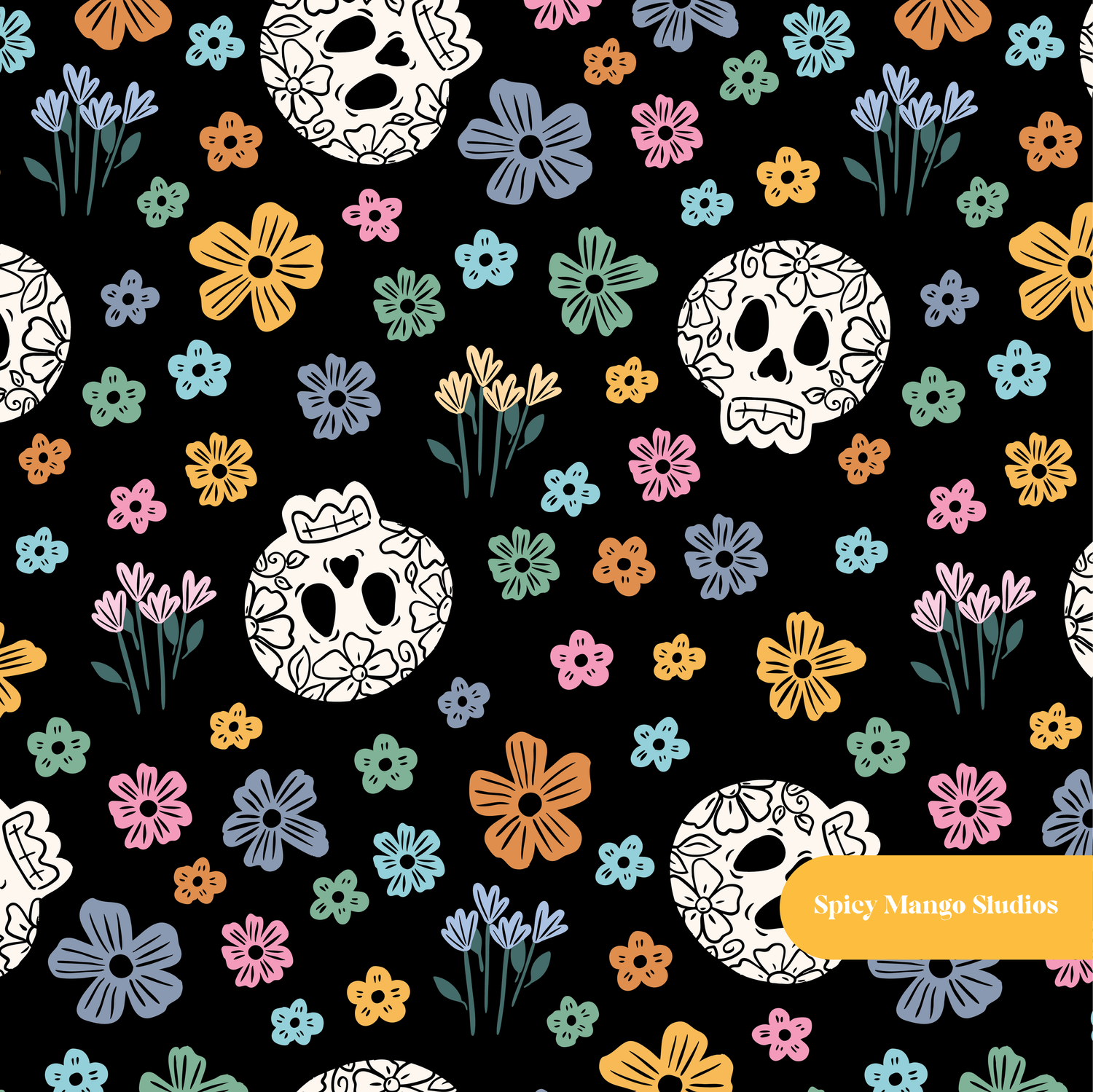 Black Halloween Skull Floral Seamless Pattern