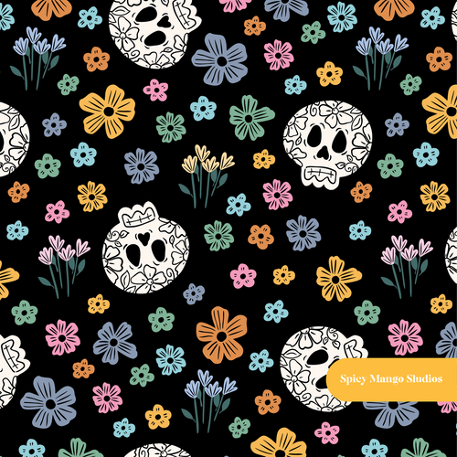 Black Halloween Skull Floral Seamless Pattern