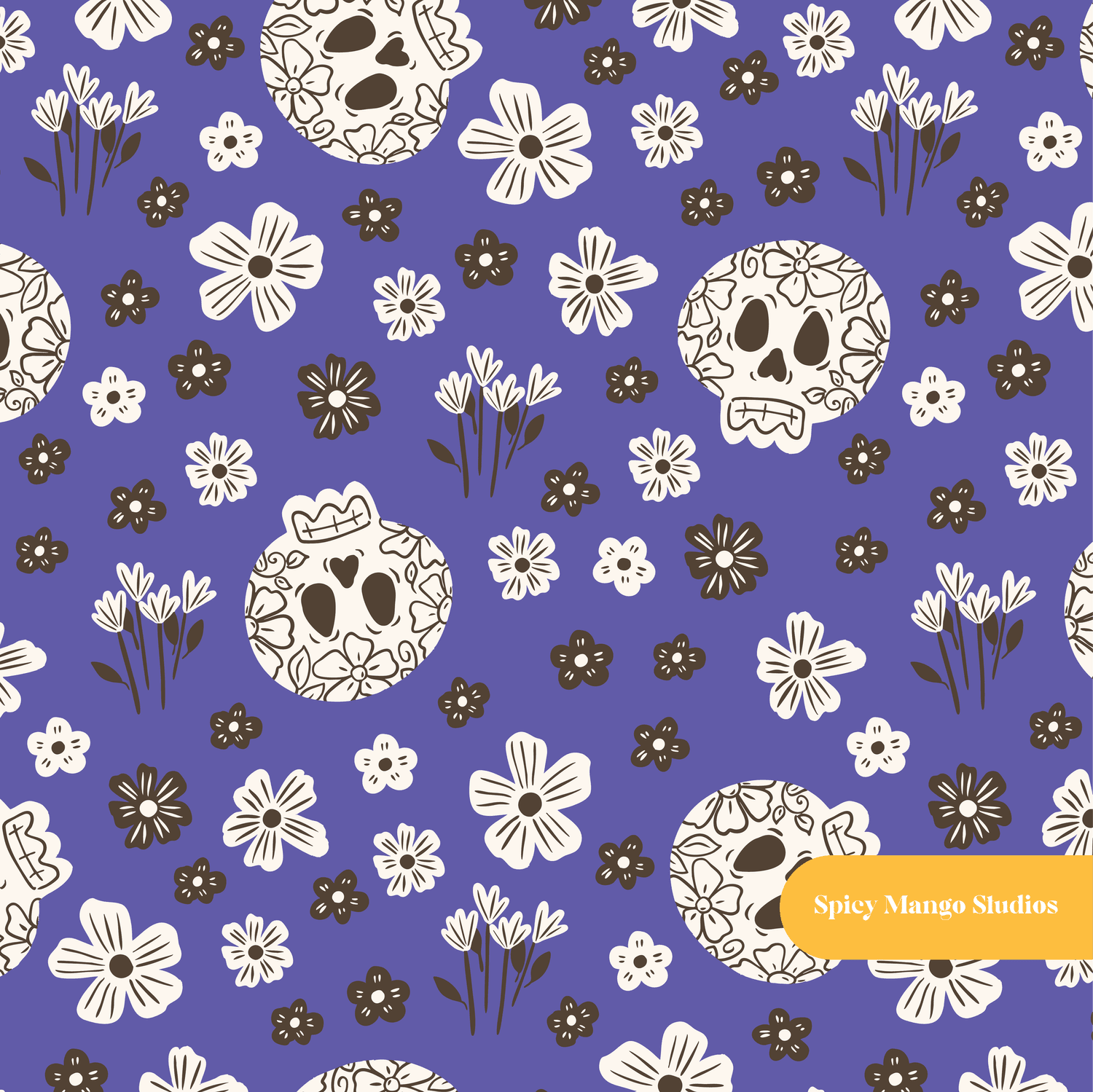 Blue Halloween Skull Floral Seamless Pattern