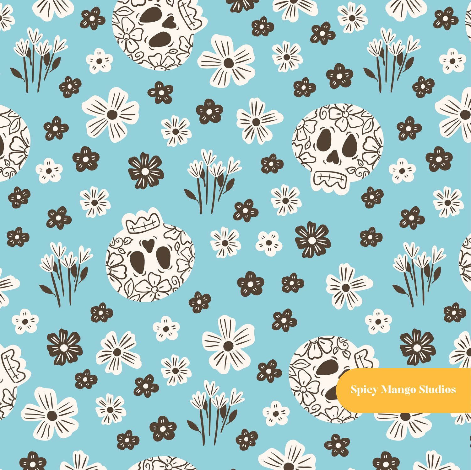 Light Blue Halloween Skull Floral Seamless Pattern