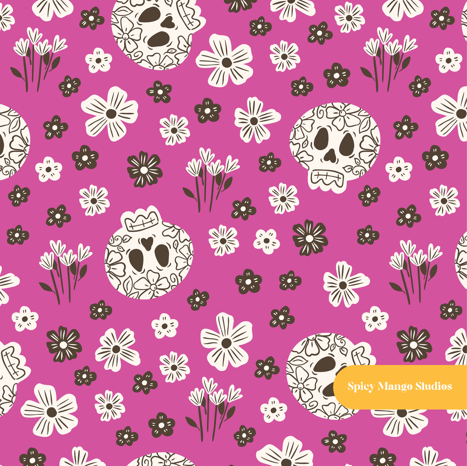 Magenta Halloween Skull Floral Seamless Pattern