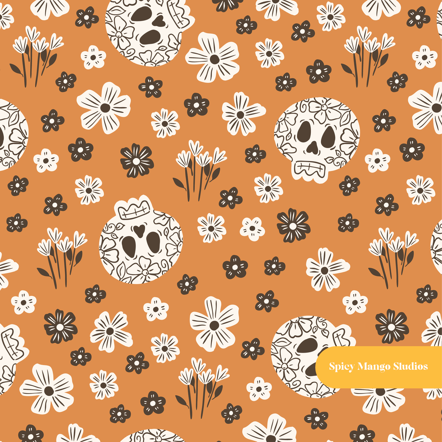Orange Halloween Skull Floral Seamless Pattern