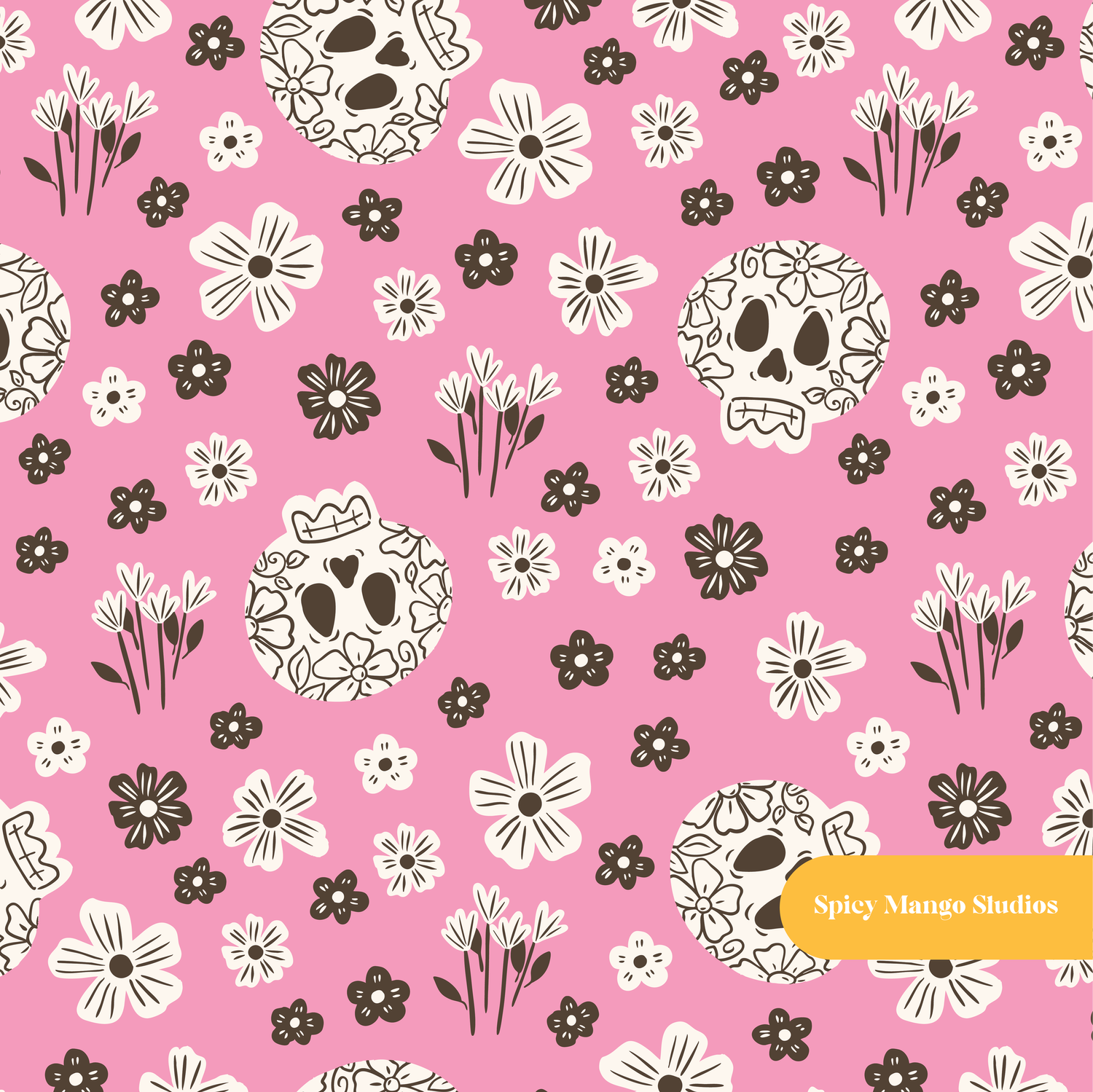 Pink Halloween Skull Floral Seamless Pattern