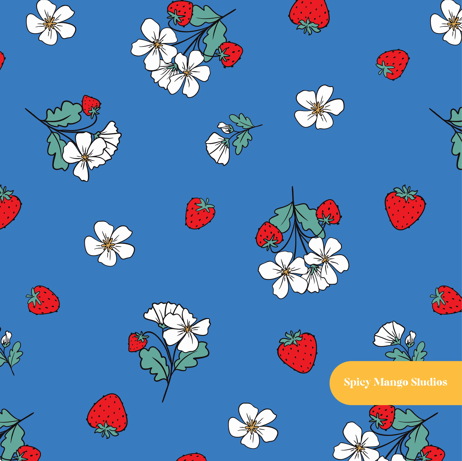 Blue Fun Summer Strawberries Seamless Pattern – Digital Download