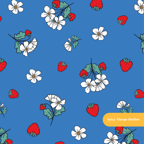 Blue Fun Summer Strawberries Seamless Pattern – Digital Download