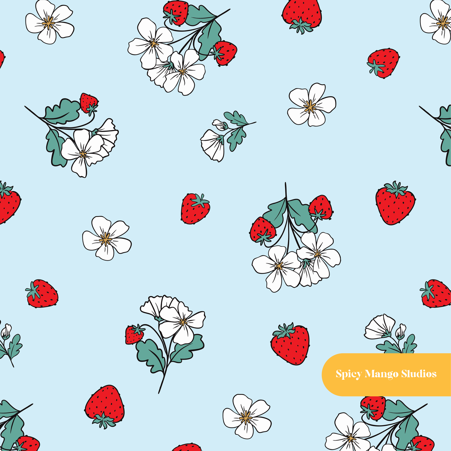 Light Blue Fun Summer Strawberries Seamless Pattern – Digital Download