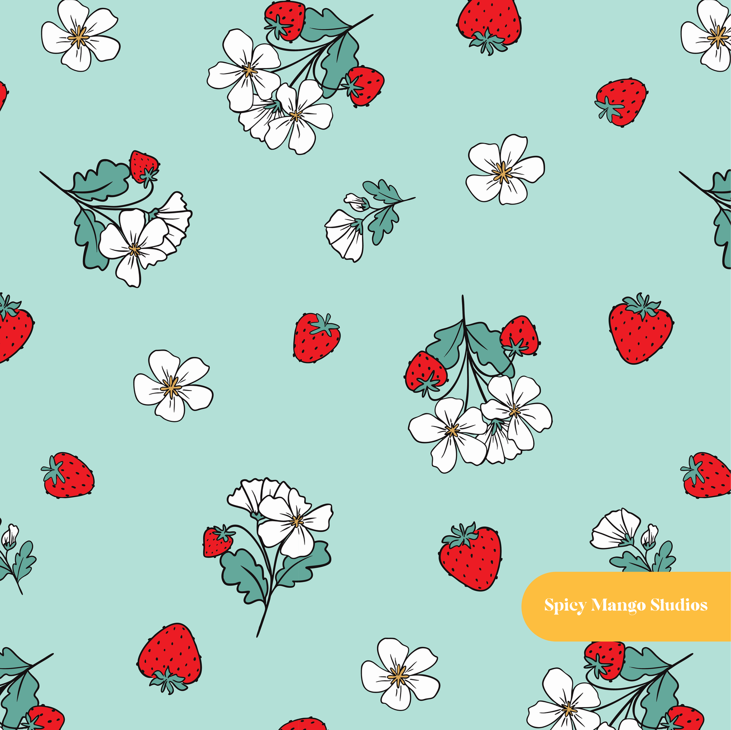 Mint Fun Summer Strawberries Seamless Pattern – Digital Download
