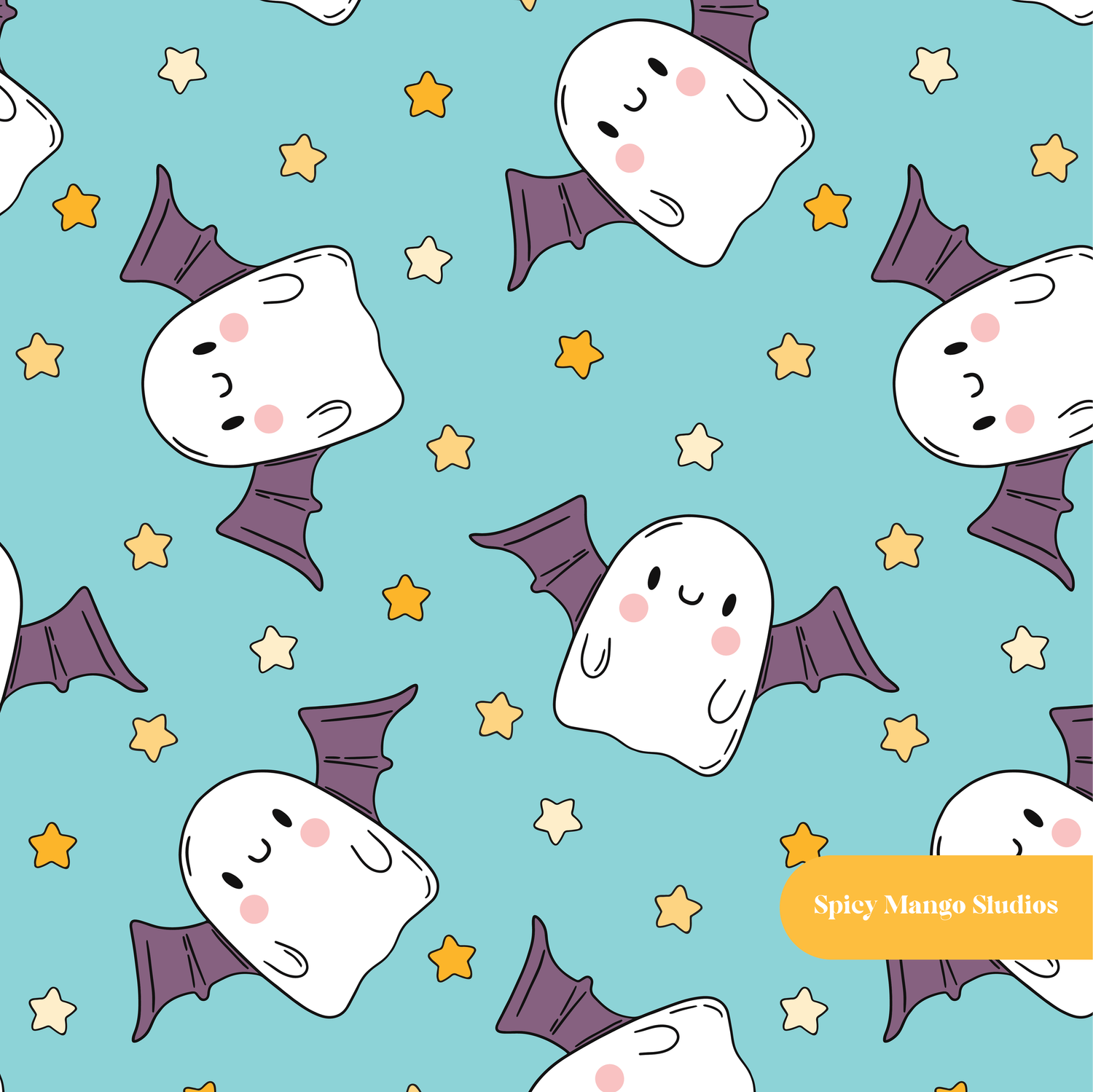 Aqua Ghost Bats Seamless Pattern