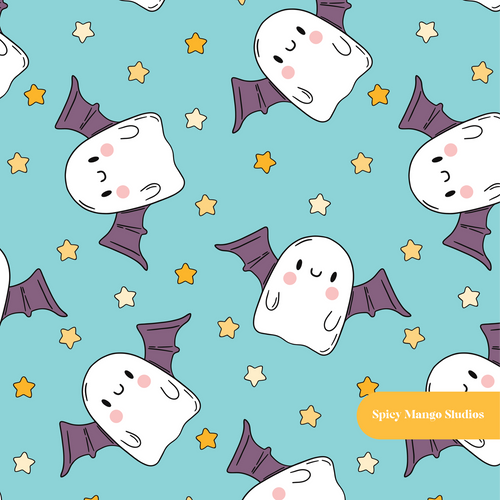 Aqua Ghost Bats Seamless Pattern