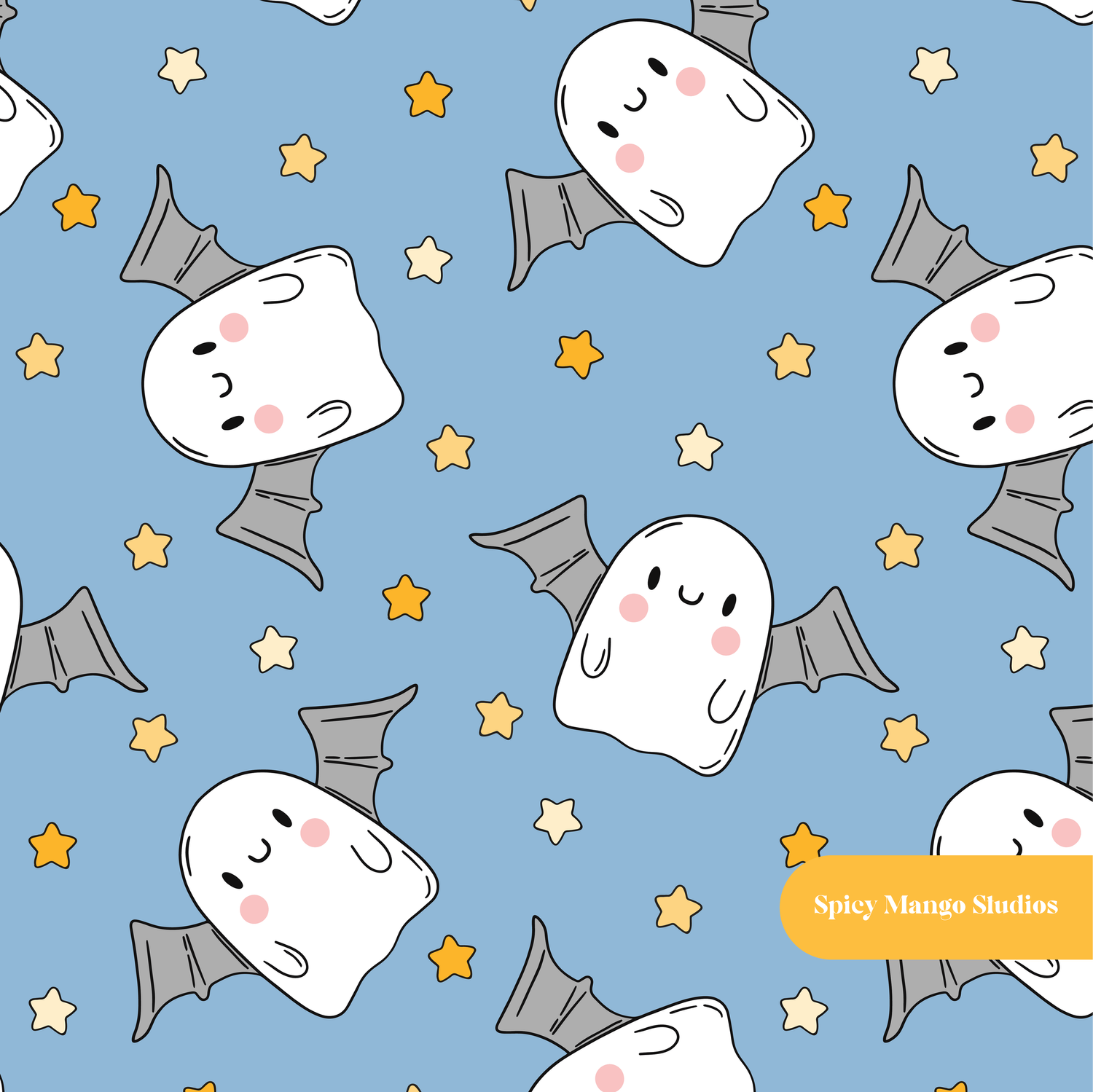 Cloudy Blue Ghost Bats Seamless Pattern