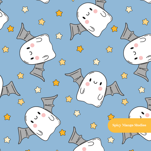 Cloudy Blue Ghost Bats Seamless Pattern