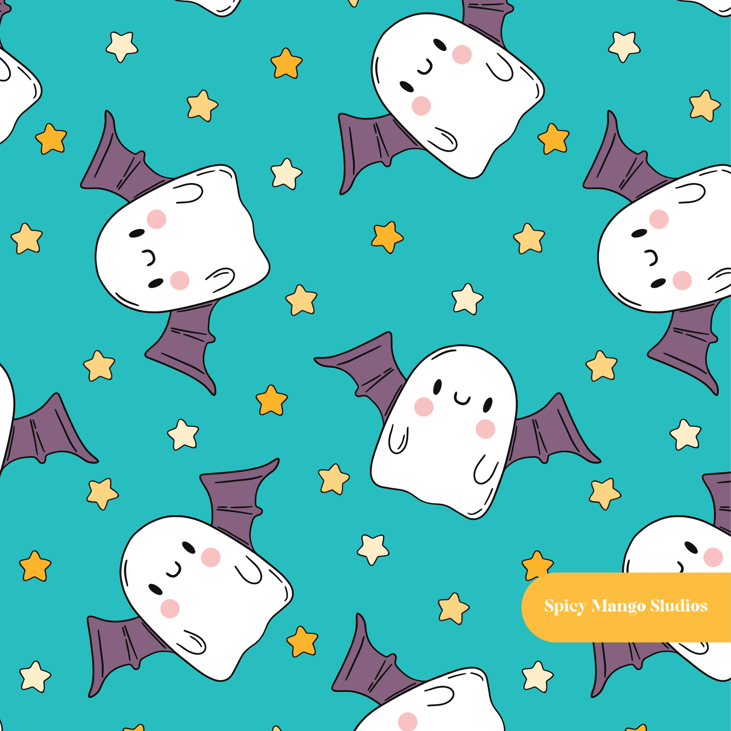 Teal Ghost Bats Seamless Pattern