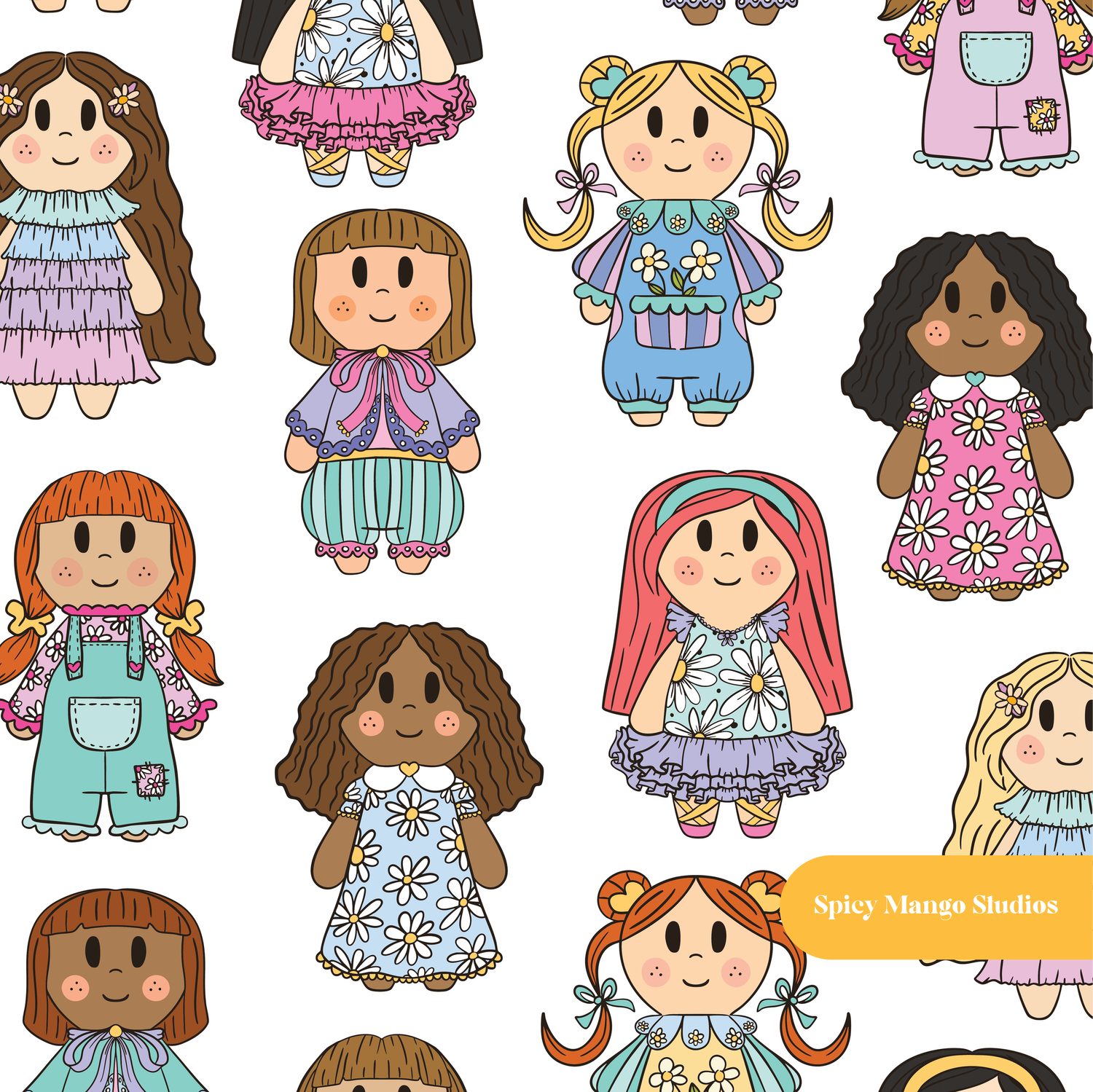 White Happy Dolls Seamless Pattern – Girls Nursery & Playroom Digital Download