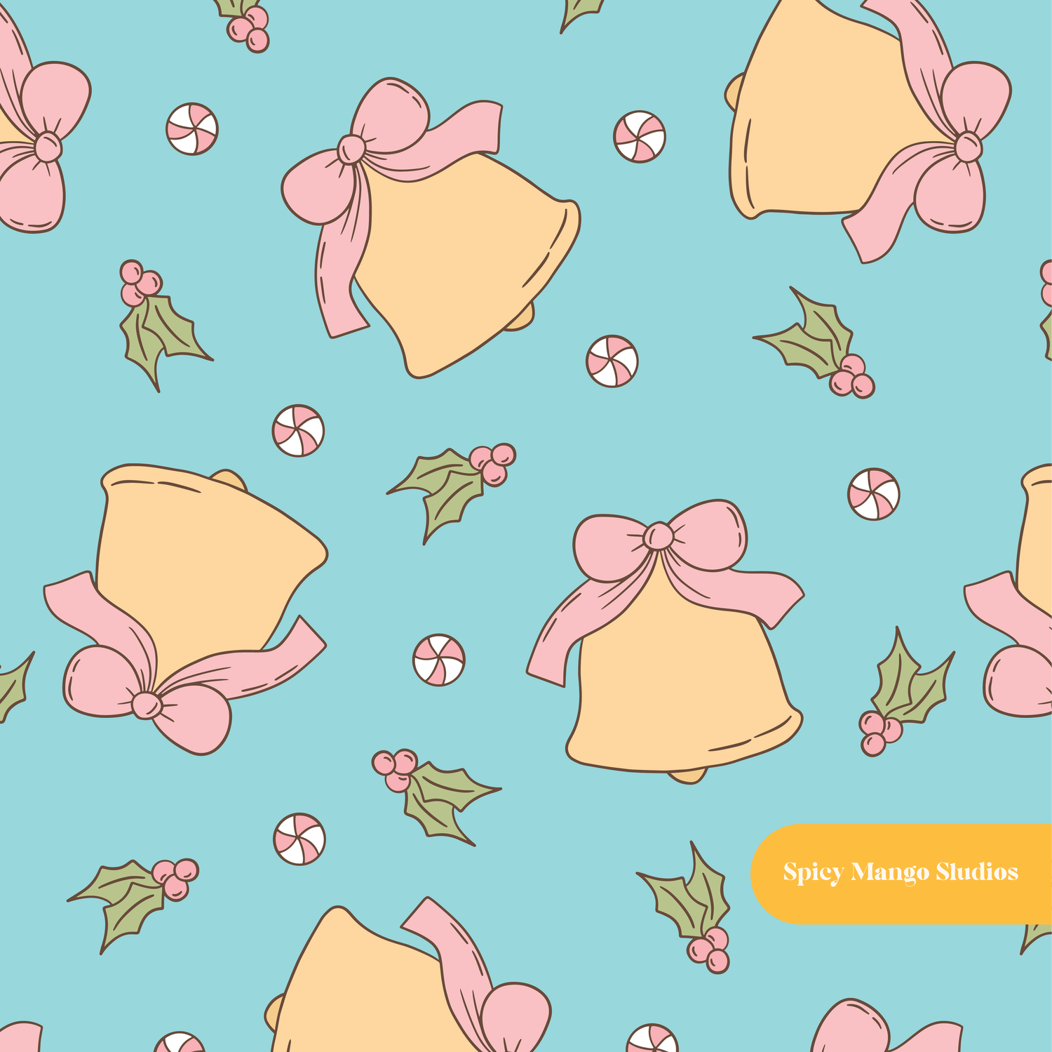 Aqua Holiday Bells Seamless Pattern – Christmas & Holiday Digital Download