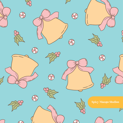 Aqua Holiday Bells Seamless Pattern – Christmas & Holiday Digital Download