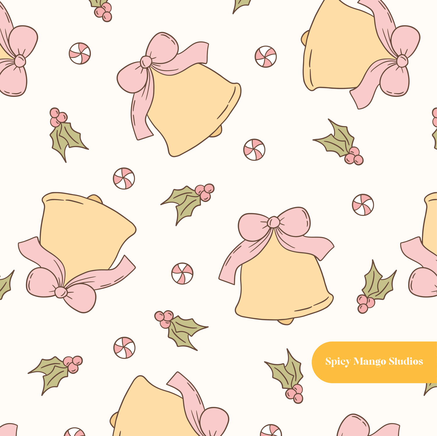 Neutral and Pink Holiday Bells Seamless Pattern – Digital Download