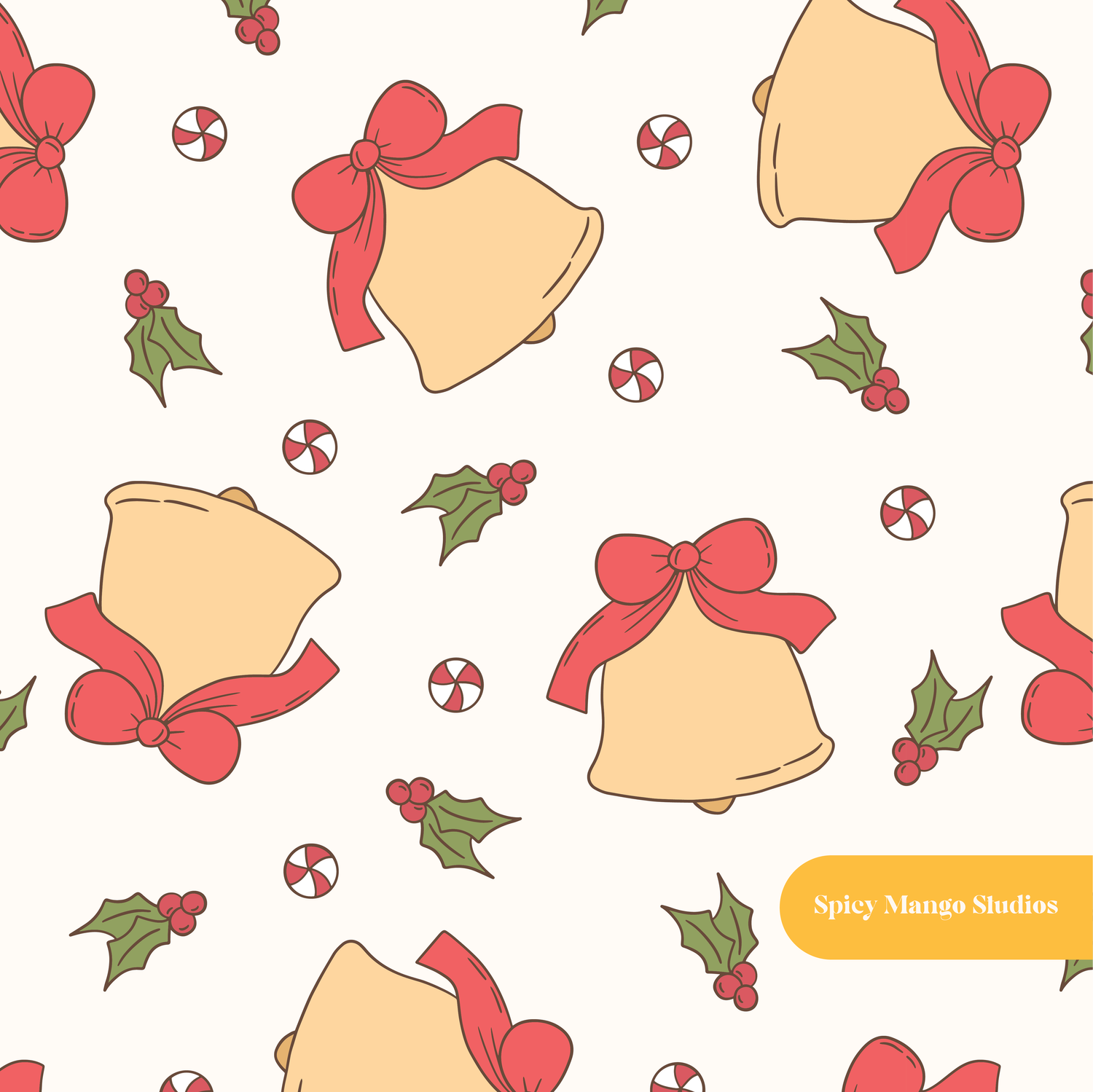 Neutral and Red Holiday Bells Seamless Pattern – Digital Download