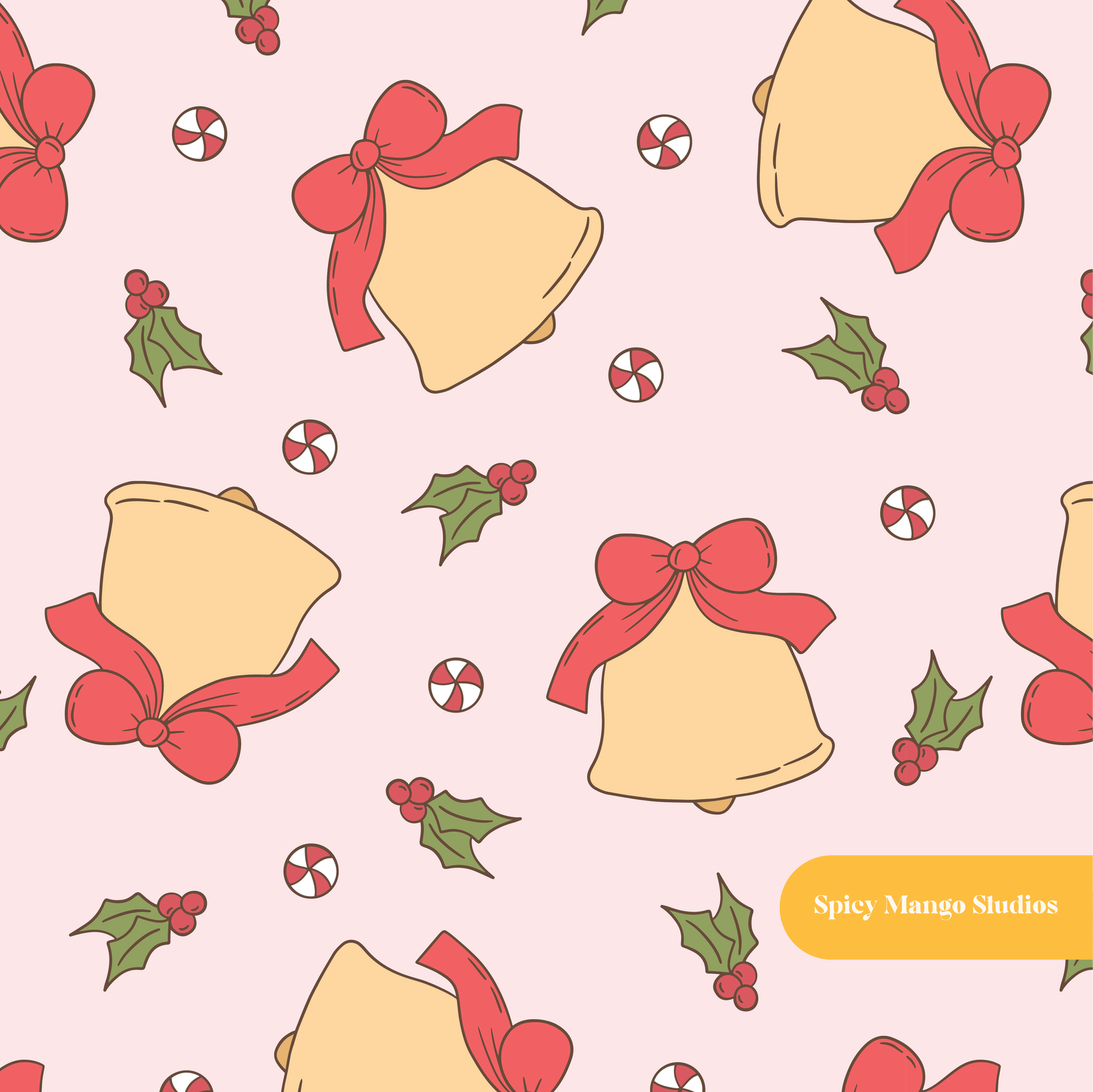 Pink and Red Holiday Bells Seamless Pattern – Digital Download