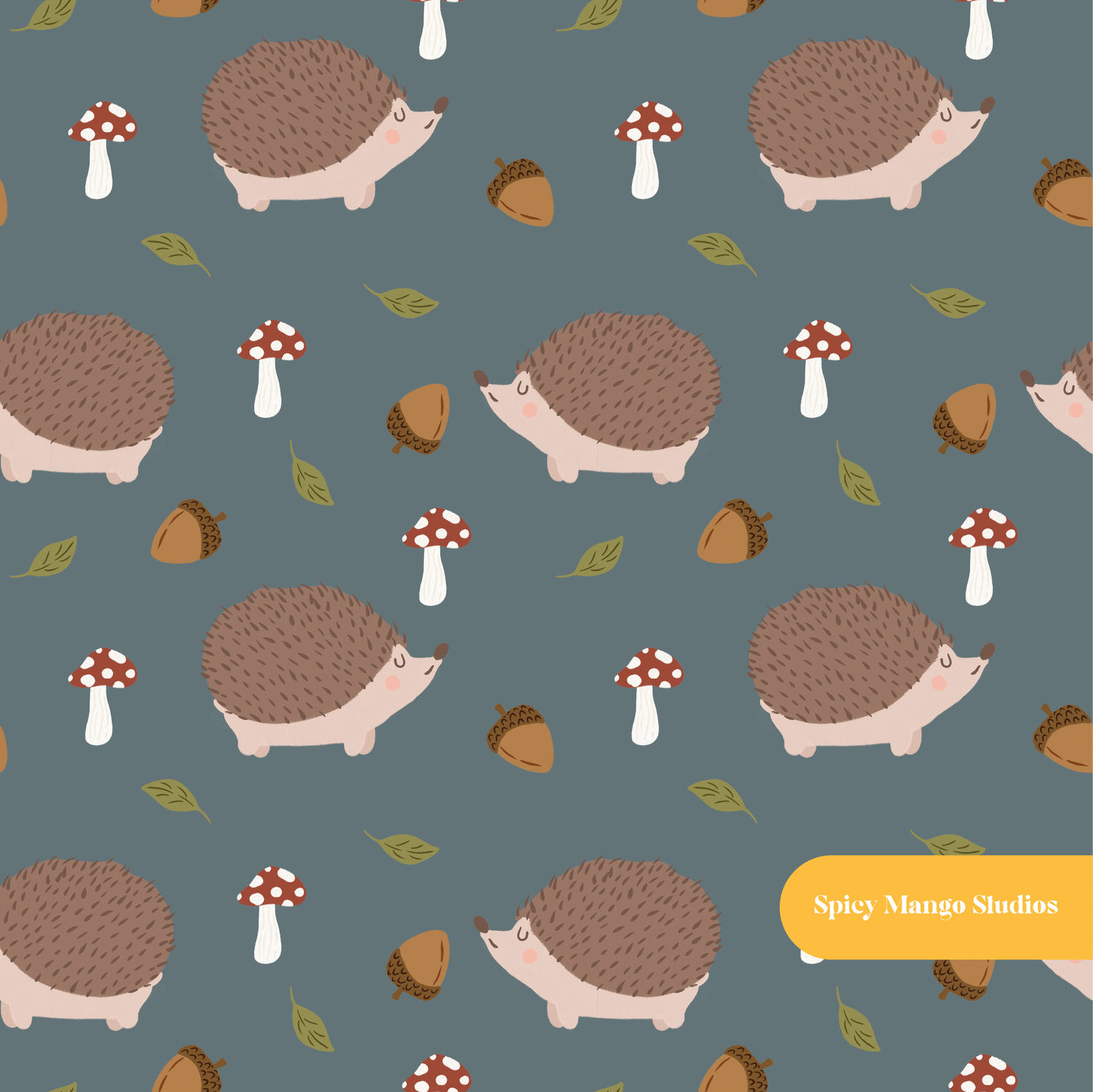 Fall Blue Happy Hedgehog Seamless Pattern