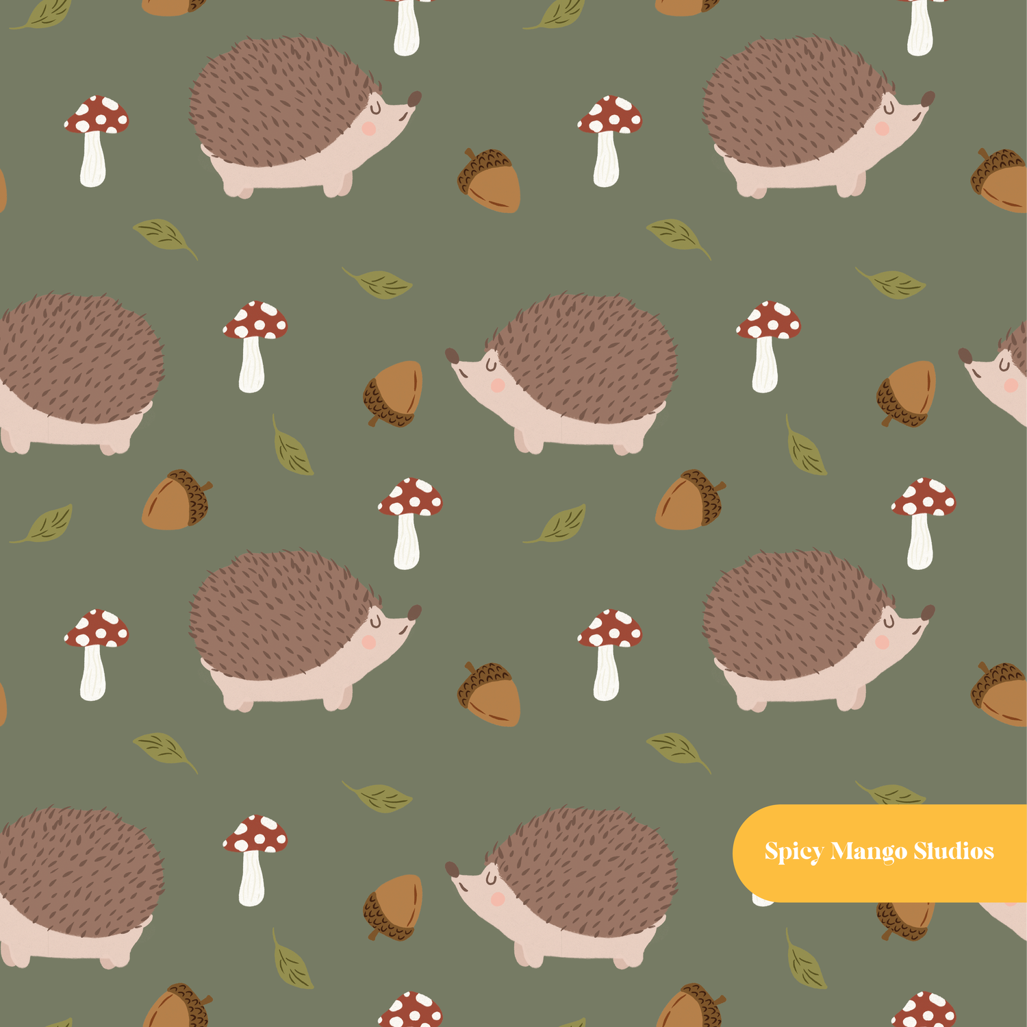 Green Happy Hedgehog Seamless Pattern