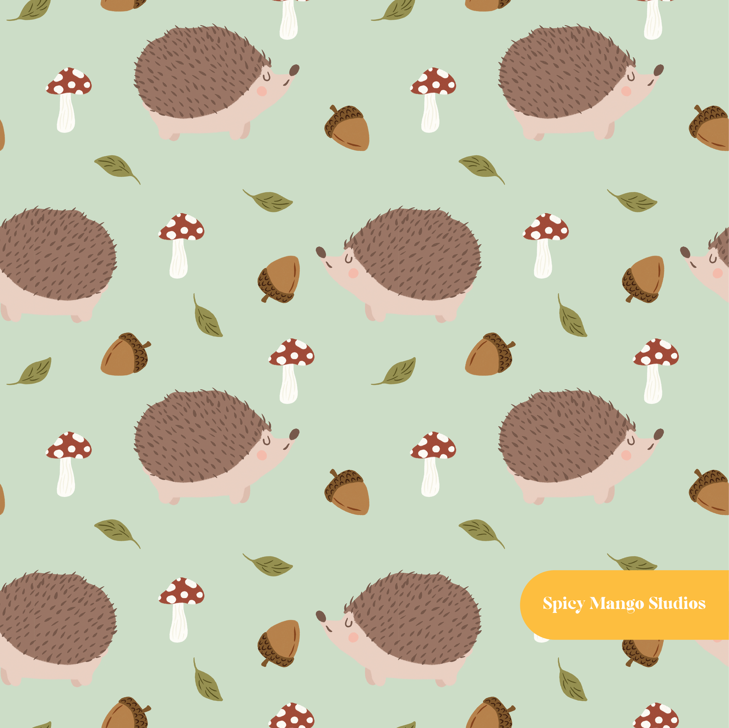 Pastel Sage Happy Hedgehog Seamless Pattern