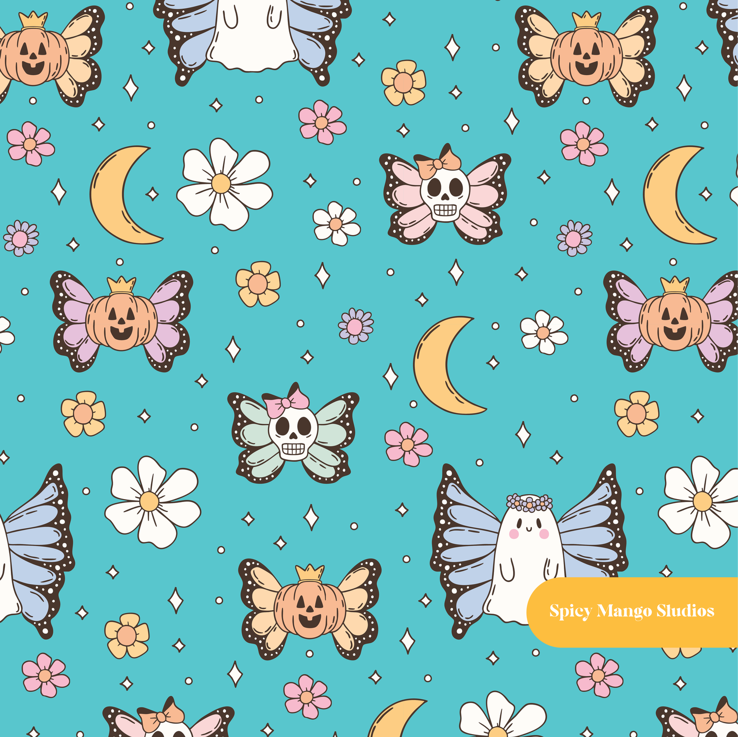Teal Halloween Magic Seamless Pattern