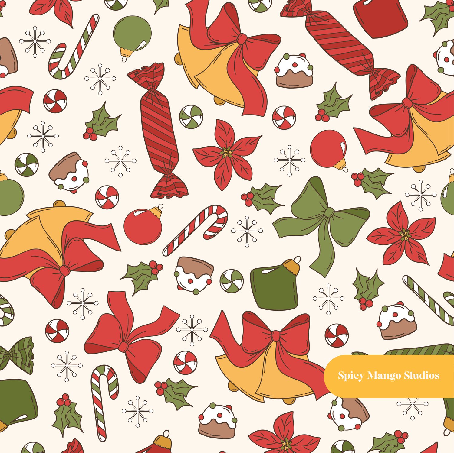 Neutral and Red Holiday Medley Seamless Pattern – Digital Download