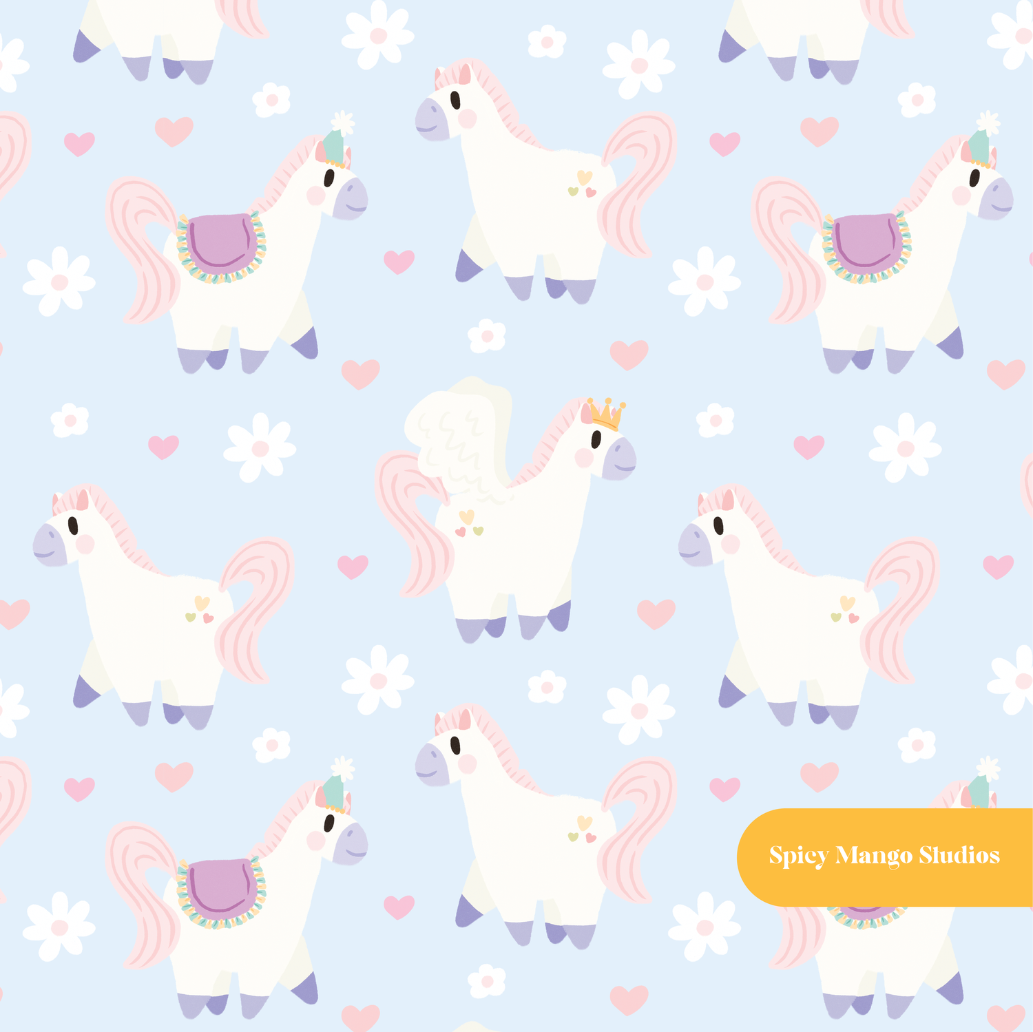 Blue Happy Ponies Seamless Pattern