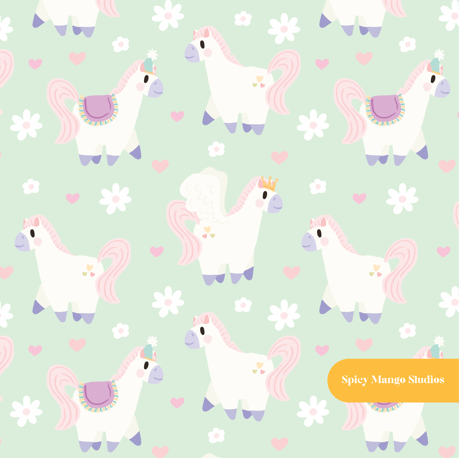 Mint Happy Ponies Seamless Pattern