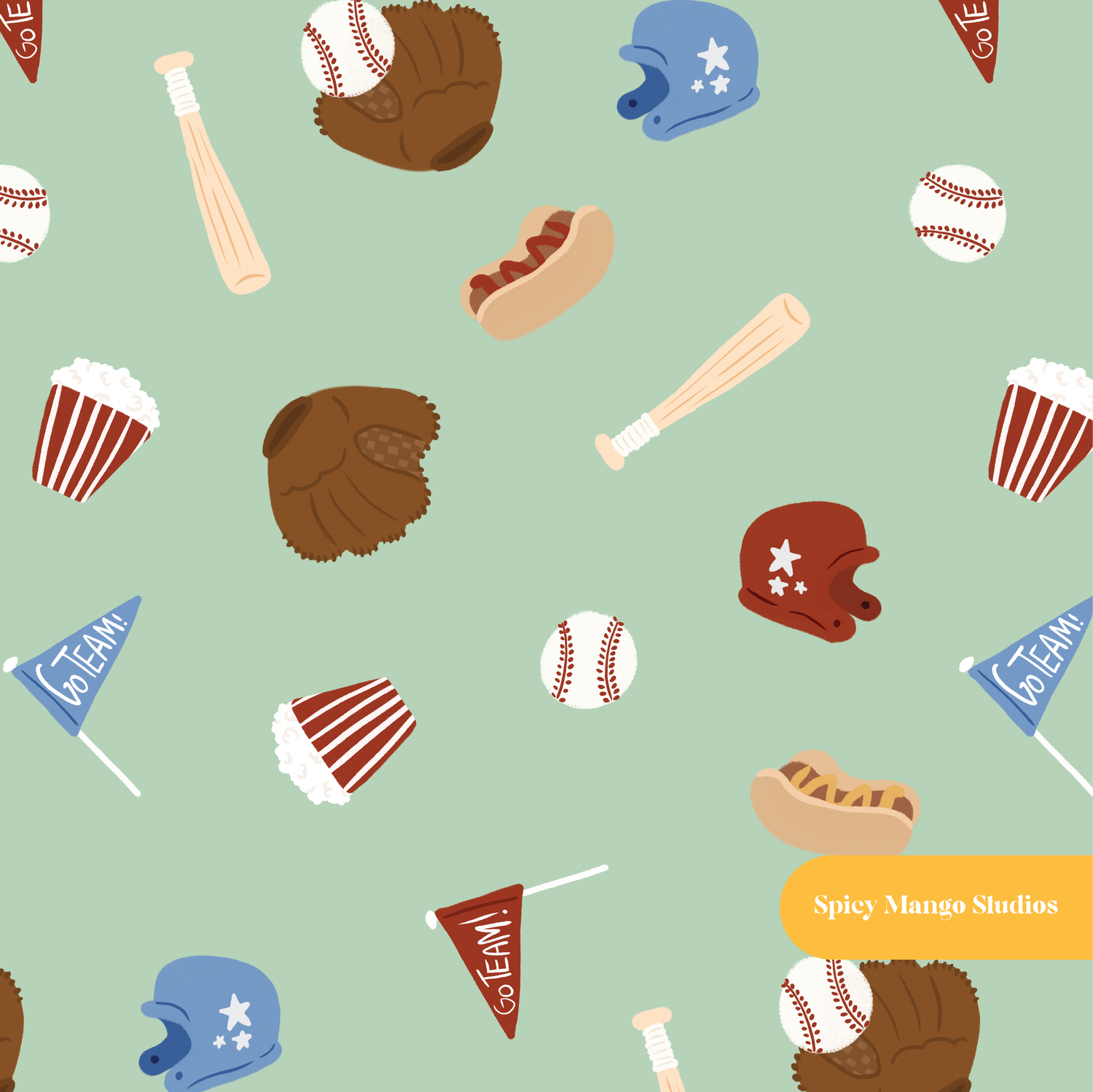 Green Home Run Seamless Pattern – Baseball Season & Game Day Digital Download