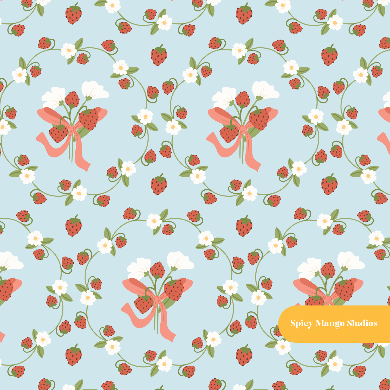 Dusty Blue Harmony Strawberry Floral Seamless Pattern