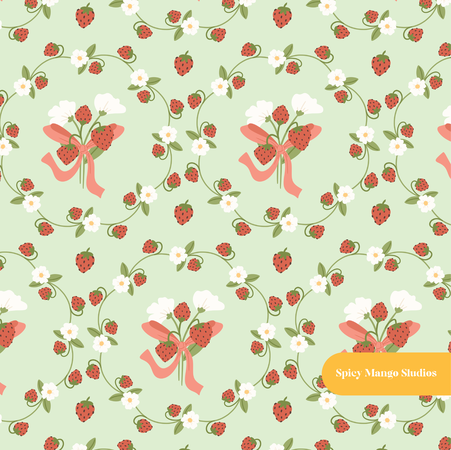 Pastel Green Harmony Strawberry Floral Seamless Pattern