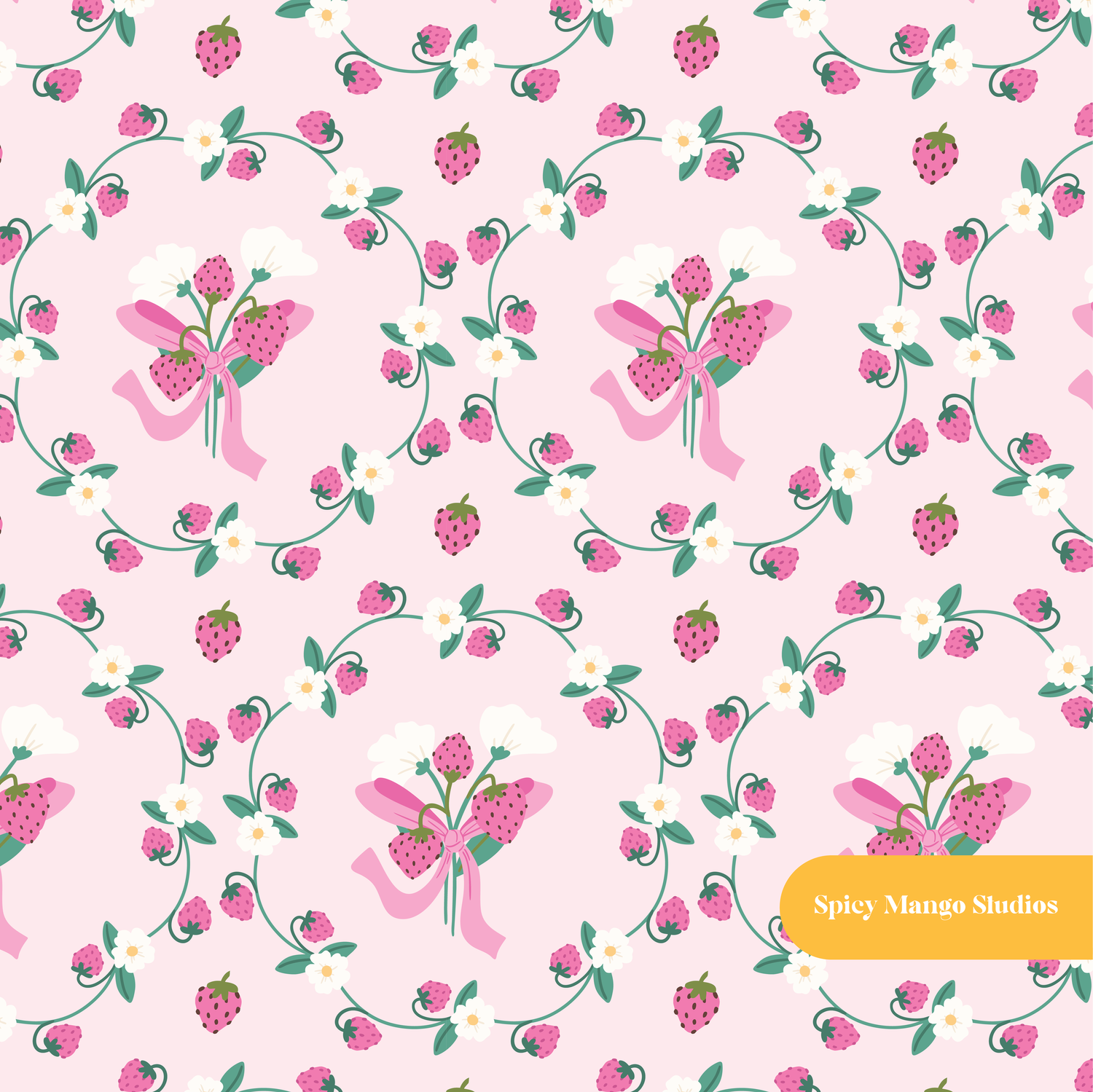 Pink and Pink Harmony Strawberry Floral Seamless Pattern