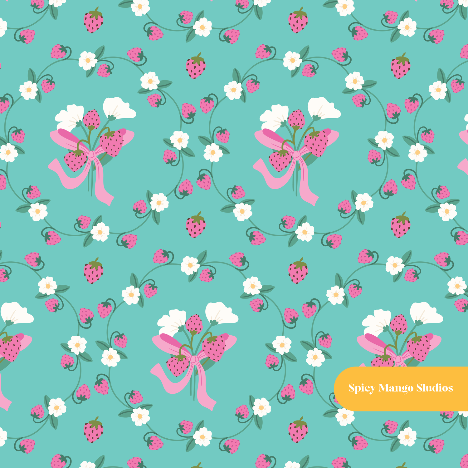 Teal and Pink Harmony Strawberry Floral Seamless Pattern