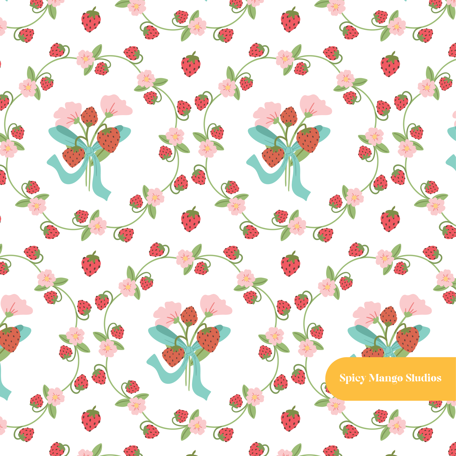 White and Red Harmony Strawberry Floral Seamless Pattern