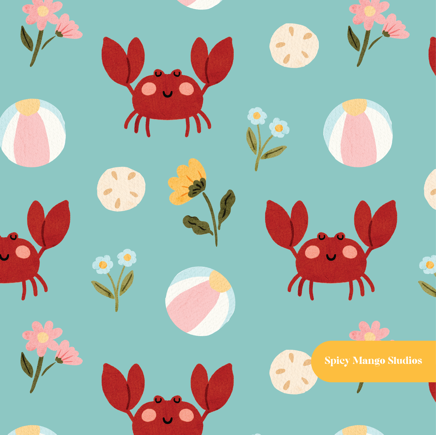 Aqua Happy Spring Crab Seamless Pattern