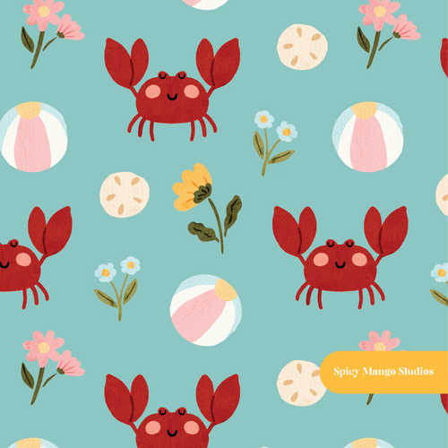 Aqua Happy Spring Crab Seamless Pattern