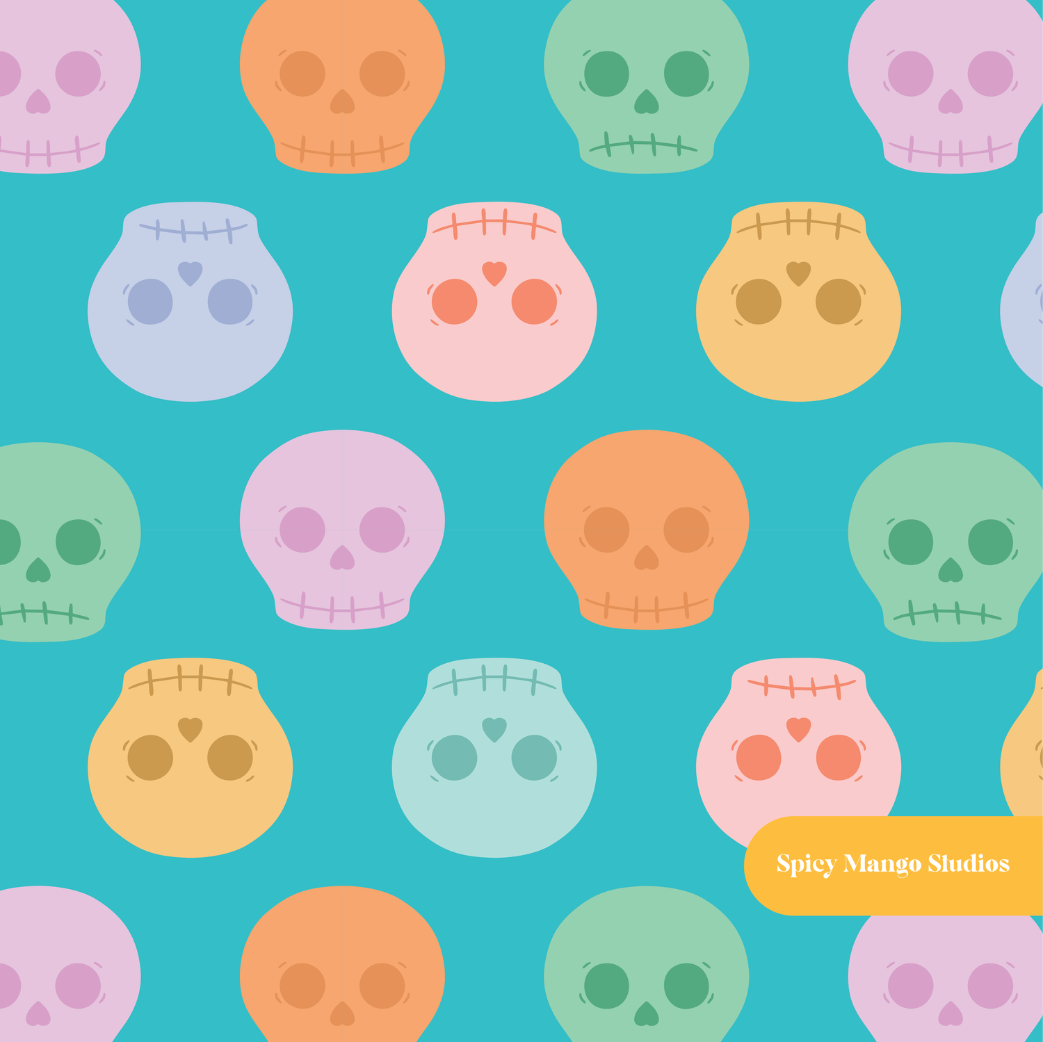 Aqua Pastel Halloween Skulls Seamless Pattern