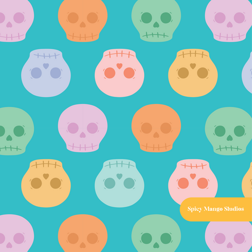 Aqua Pastel Halloween Skulls Seamless Pattern