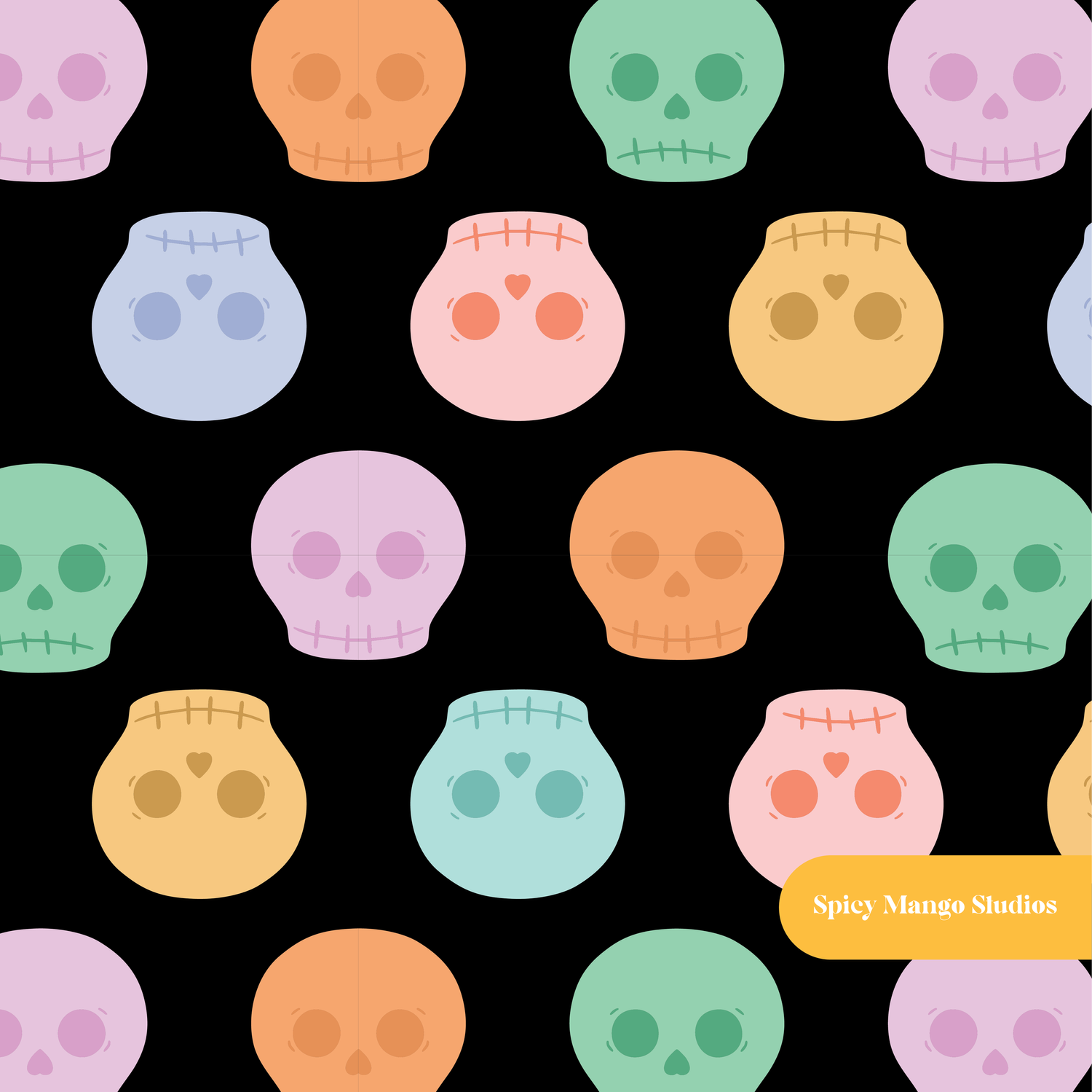 Black Pastel Halloween Skulls Seamless Pattern