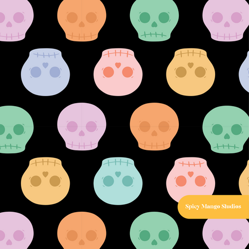 Black Pastel Halloween Skulls Seamless Pattern