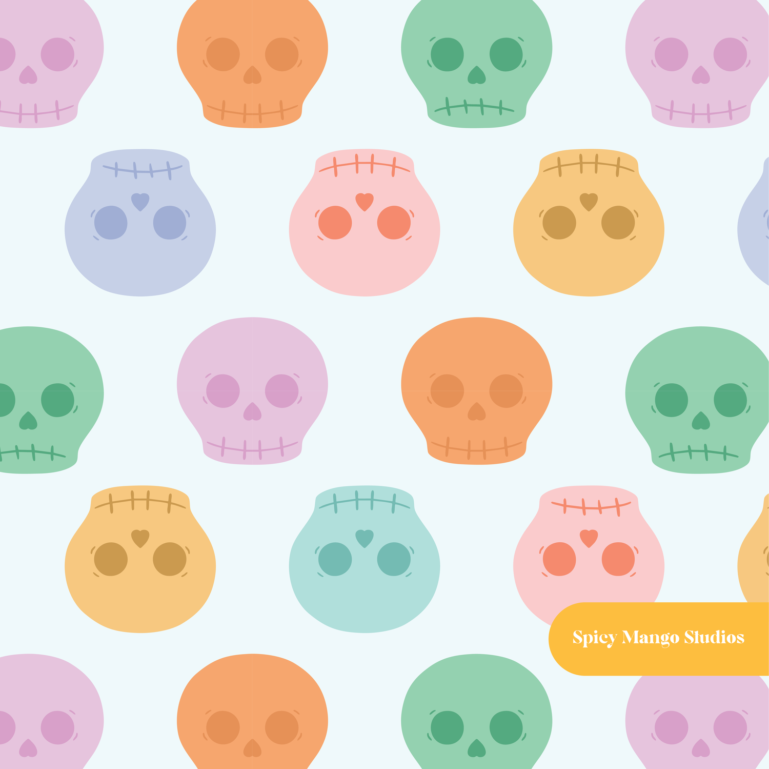 Light Blue Pastel Halloween Skulls Seamless Pattern