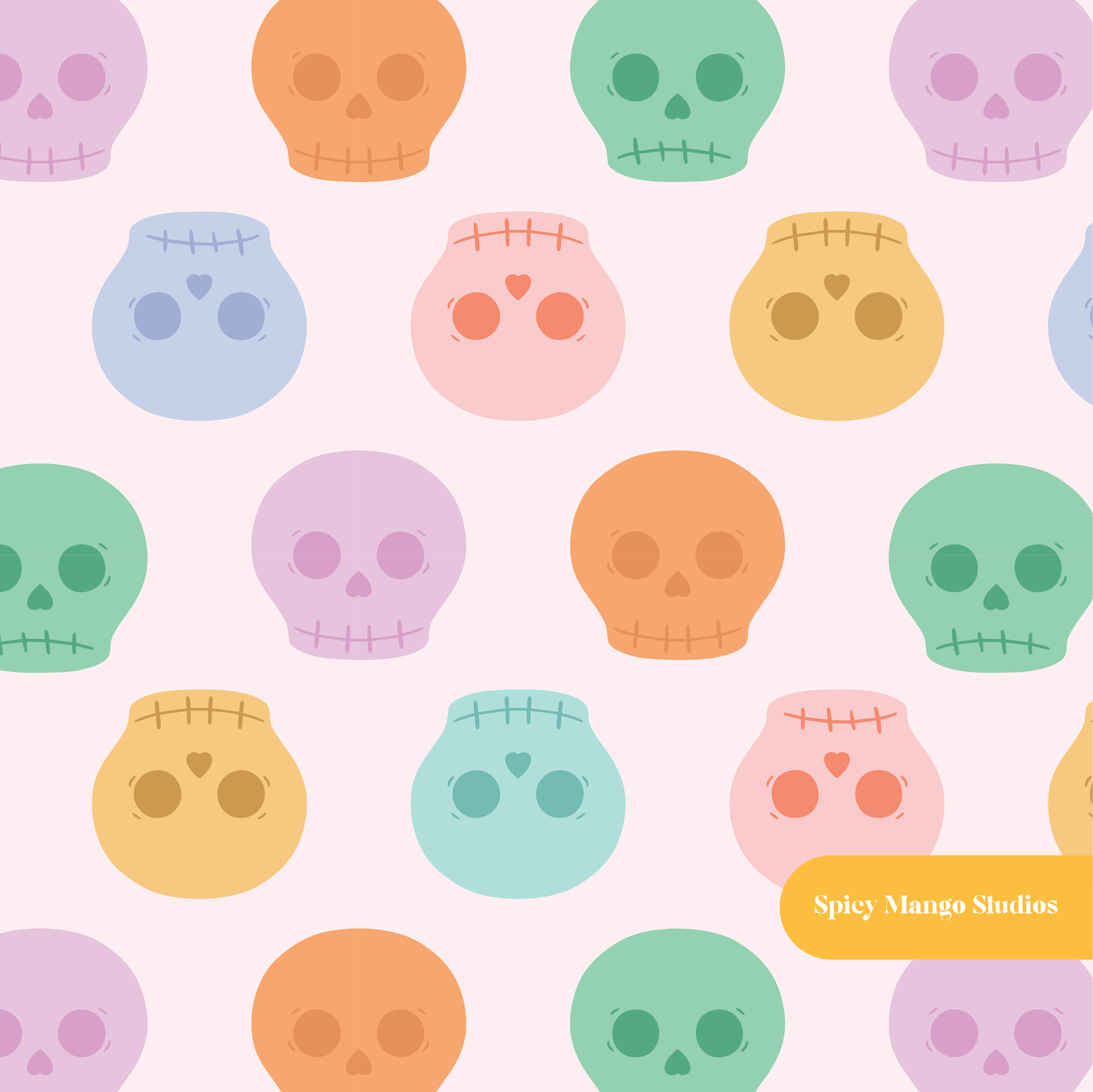 Pink Pastel Halloween Skulls Seamless Pattern