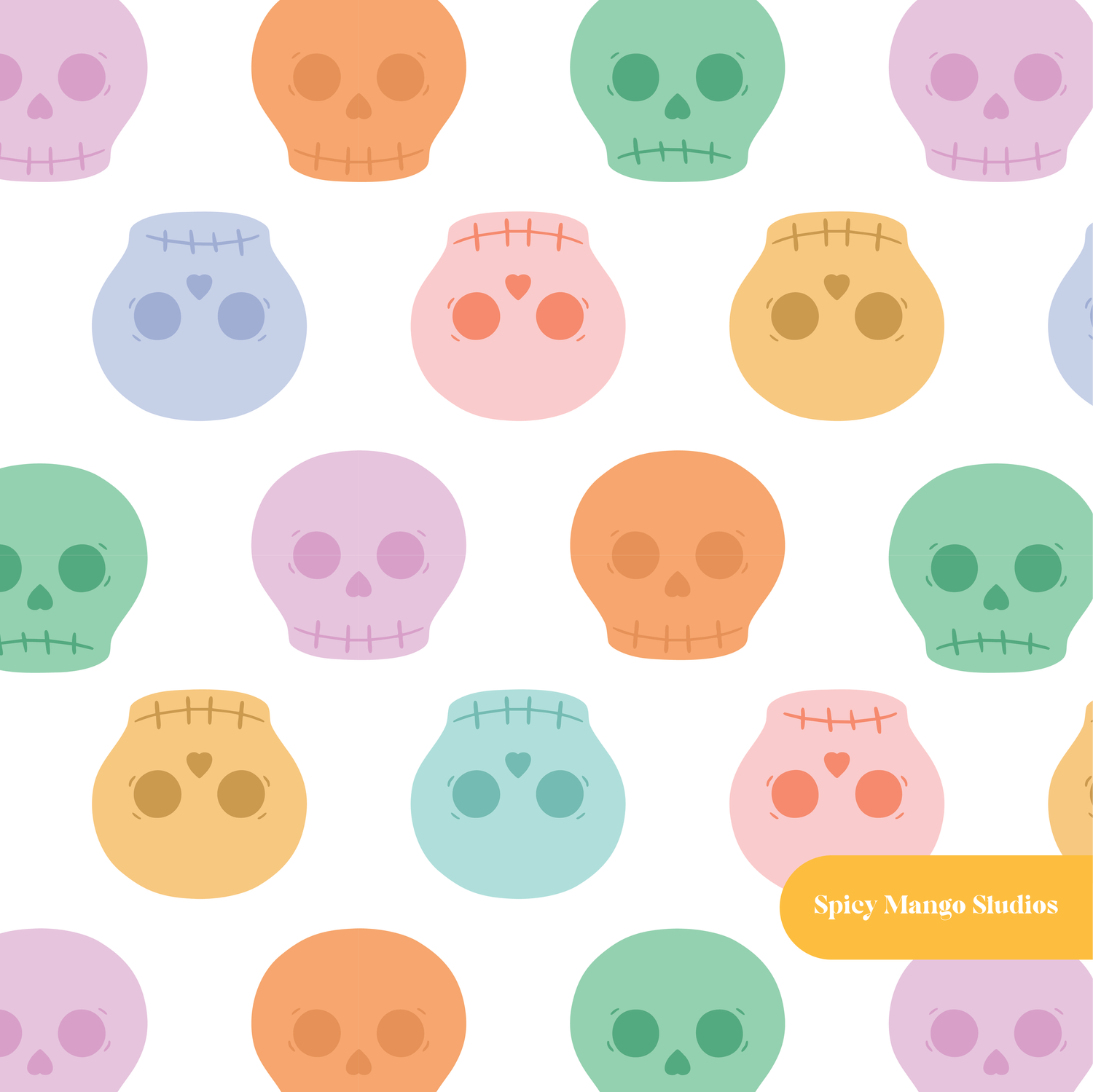 White Pastel Halloween Skulls Seamless Pattern