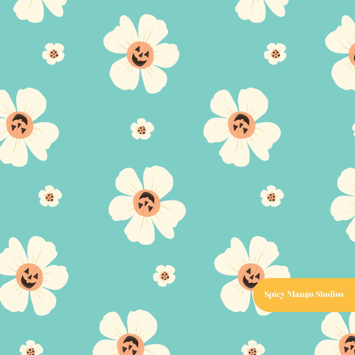 Aqua Halloween Daisies Seamless Pattern