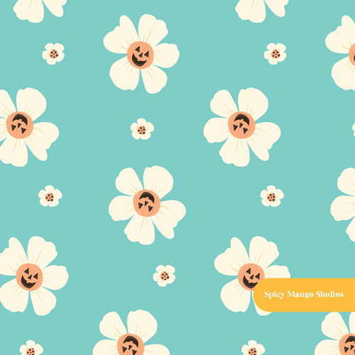 Aqua Halloween Daisies Seamless Pattern