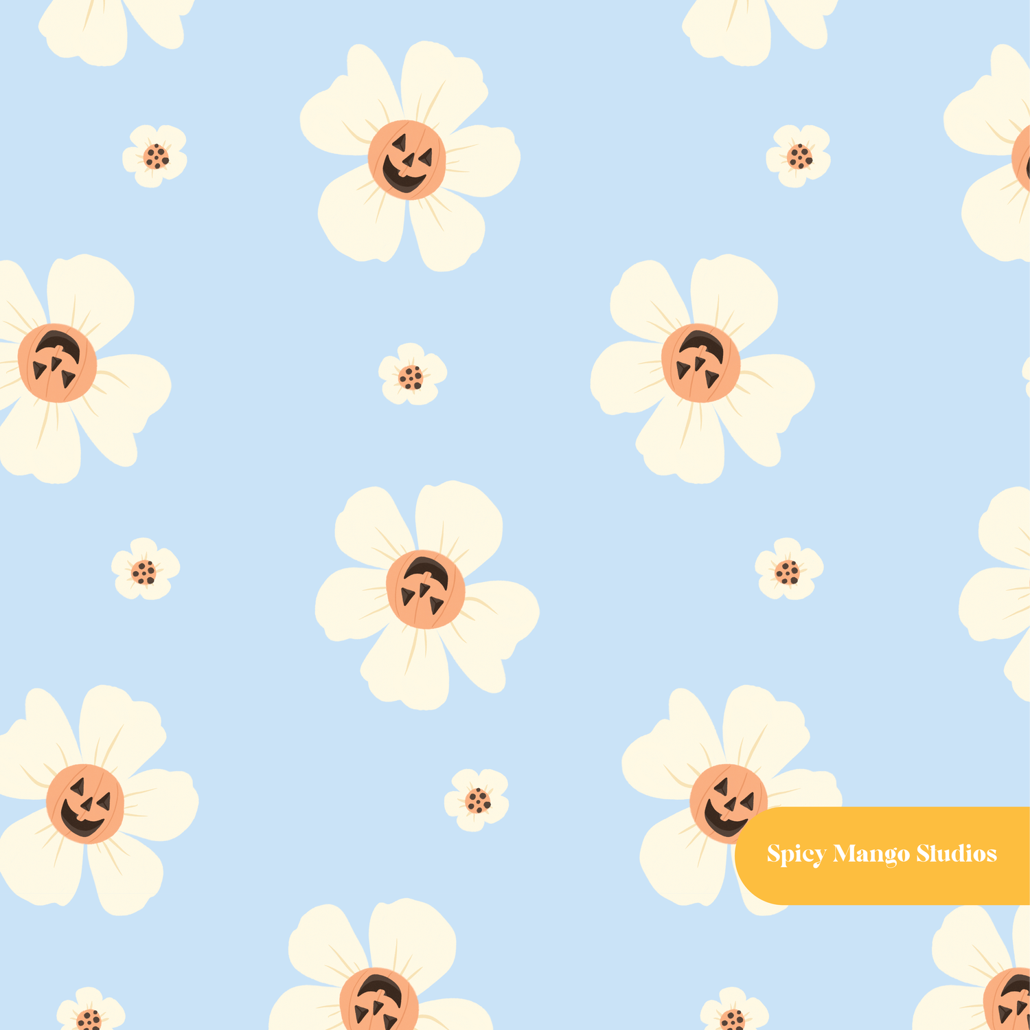 Light Blue Halloween Daisies Seamless Pattern