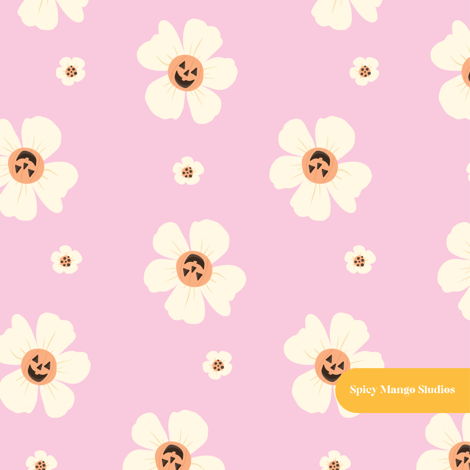 Pink Halloween Daisies Seamless Pattern